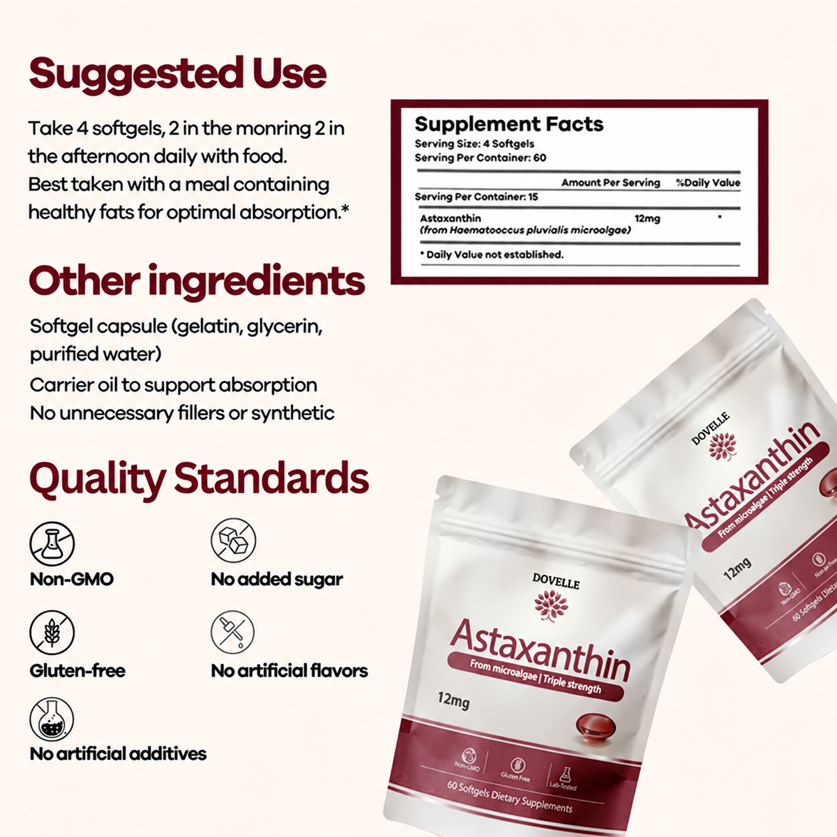 Dovelle Astaxanthin - Nature’s Most Powerful Antioxidant for Whole Body Support & Cellular Protection